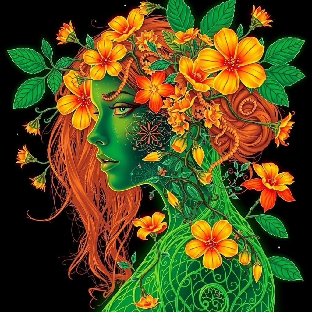 Art Nouveau Gardener Woman with Neon Flora