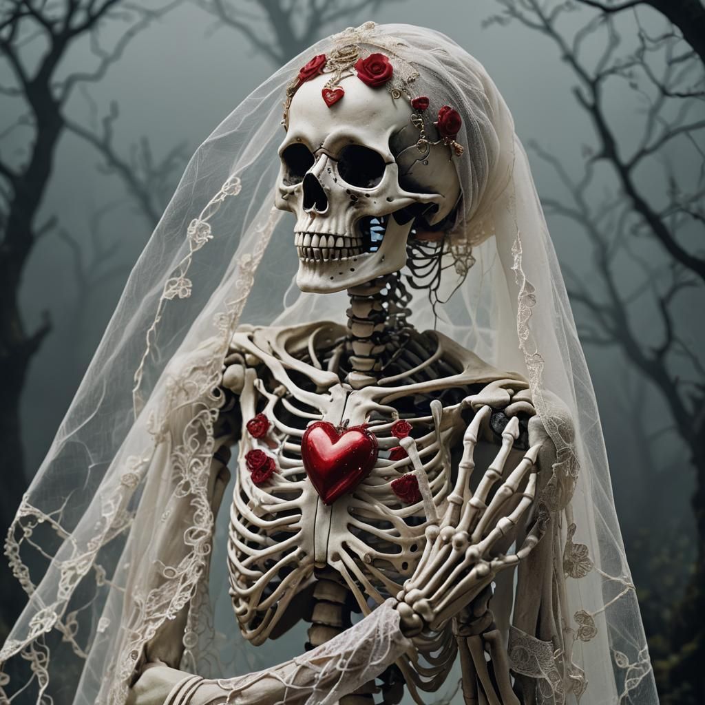 Skeleton with Red Heart and Wedding Veil