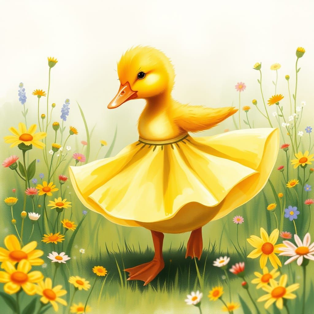 Dancing Duckling in Watercolor Meadow