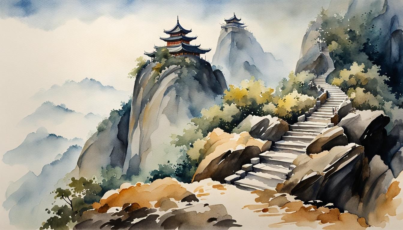 Asian Altar at Misty Peak in Watercolor Style