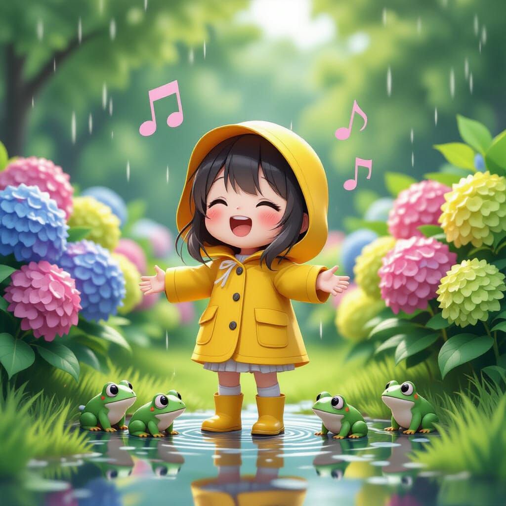 Adorable Chibi Girl Singing in Rainy Hydrangea Garden