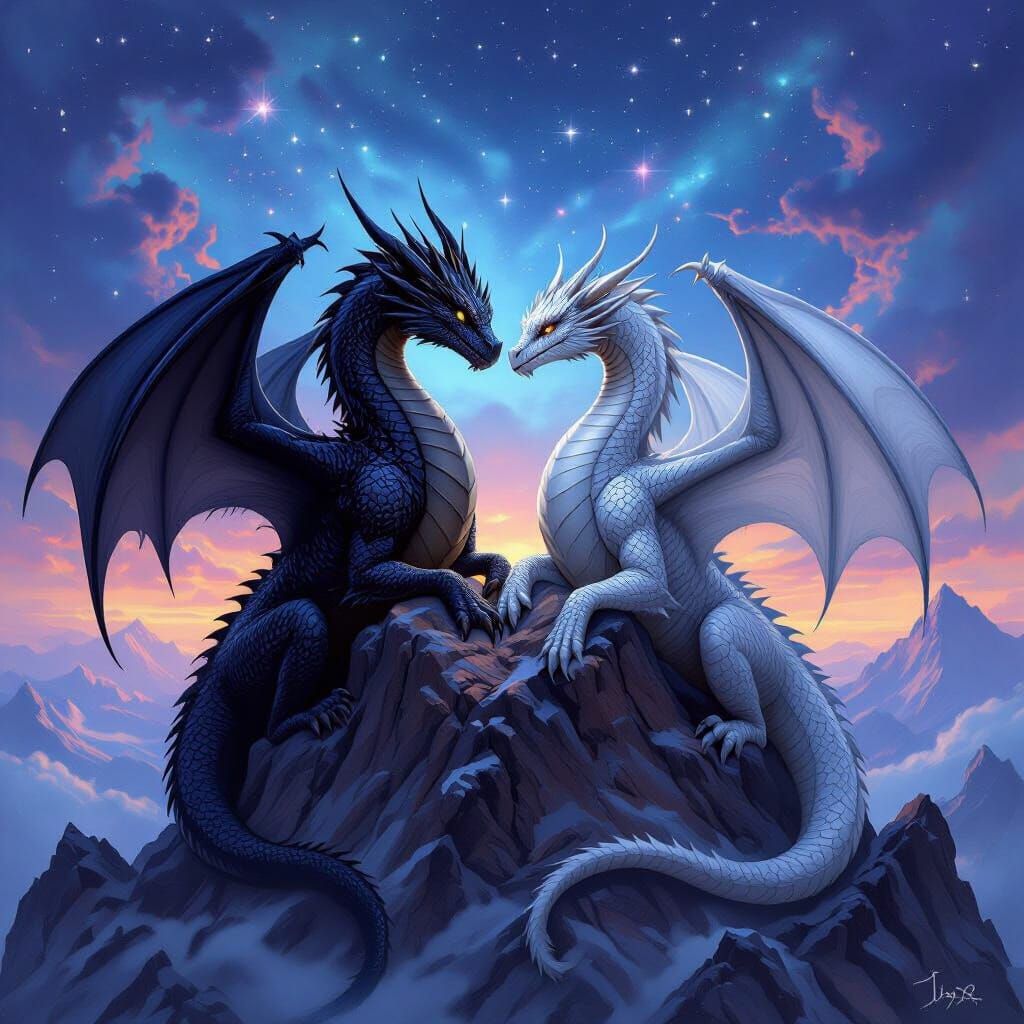 Majestic Dragons Nuzzle on Mountain Summit