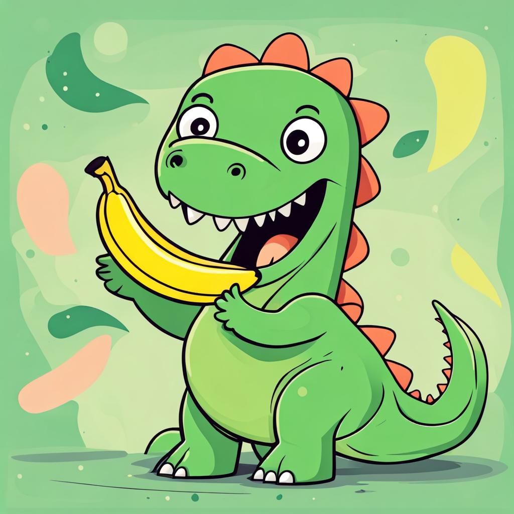 Happy Green Dinosaur with Banana in Abstract Style