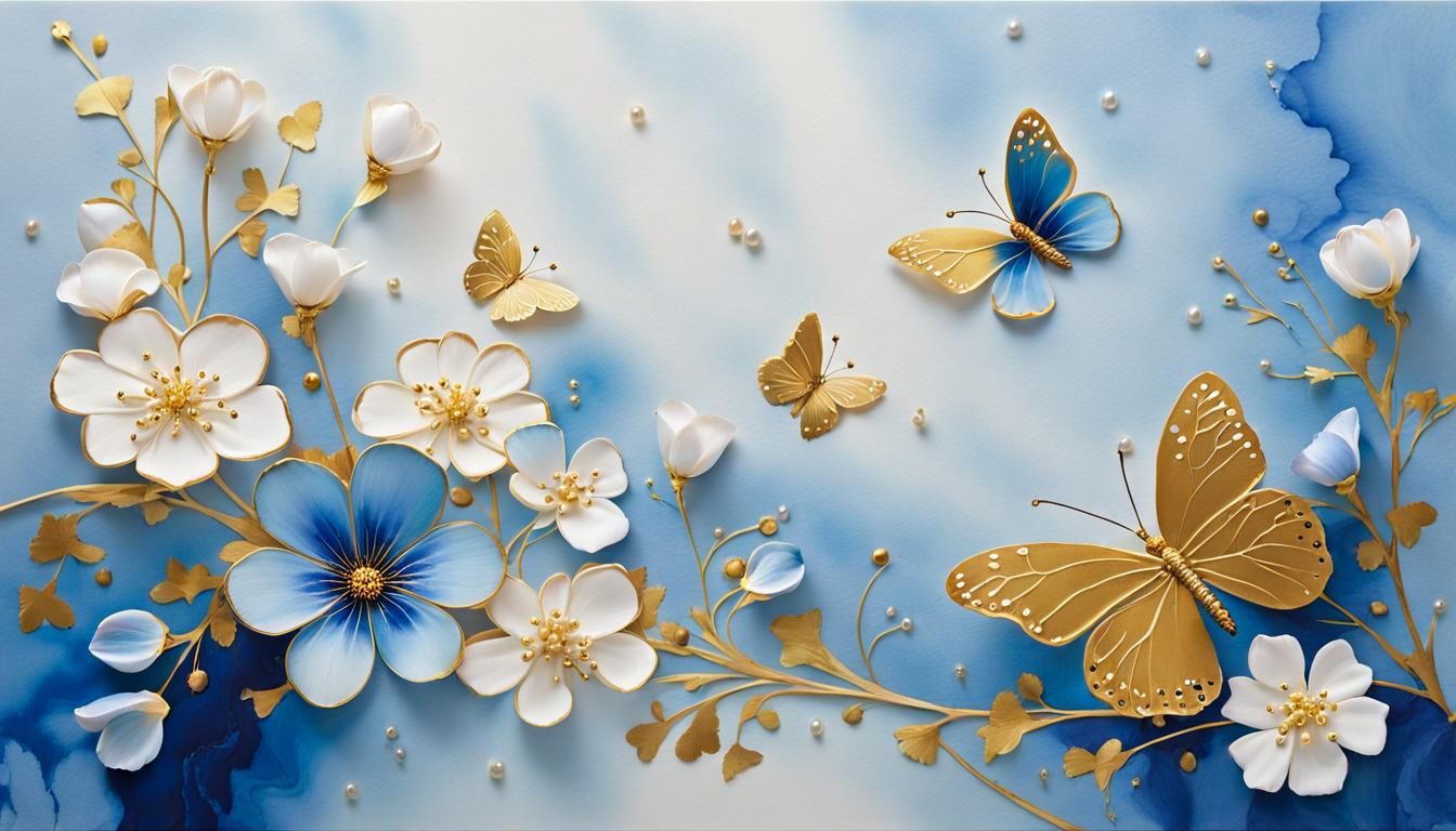 Blue Flowers with Butterfly on Marbled Background