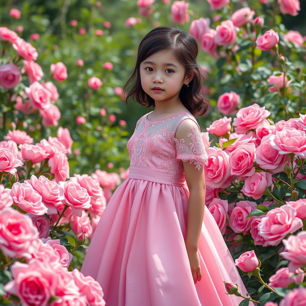 Girl in Pink Dress in Rose Field, Photorealistic Style