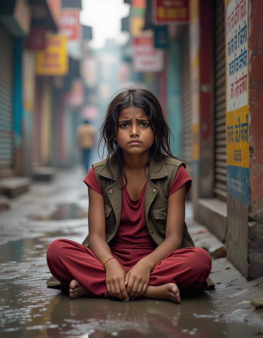 Forlorn Indian Girl in Street Scene: Hyperrealistic Portrait