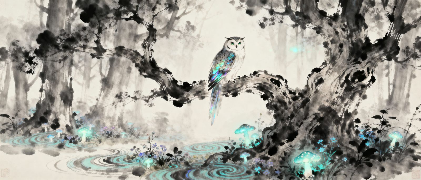 Ethereal Owl in Bioluminescent Forest, Ink Wash Style