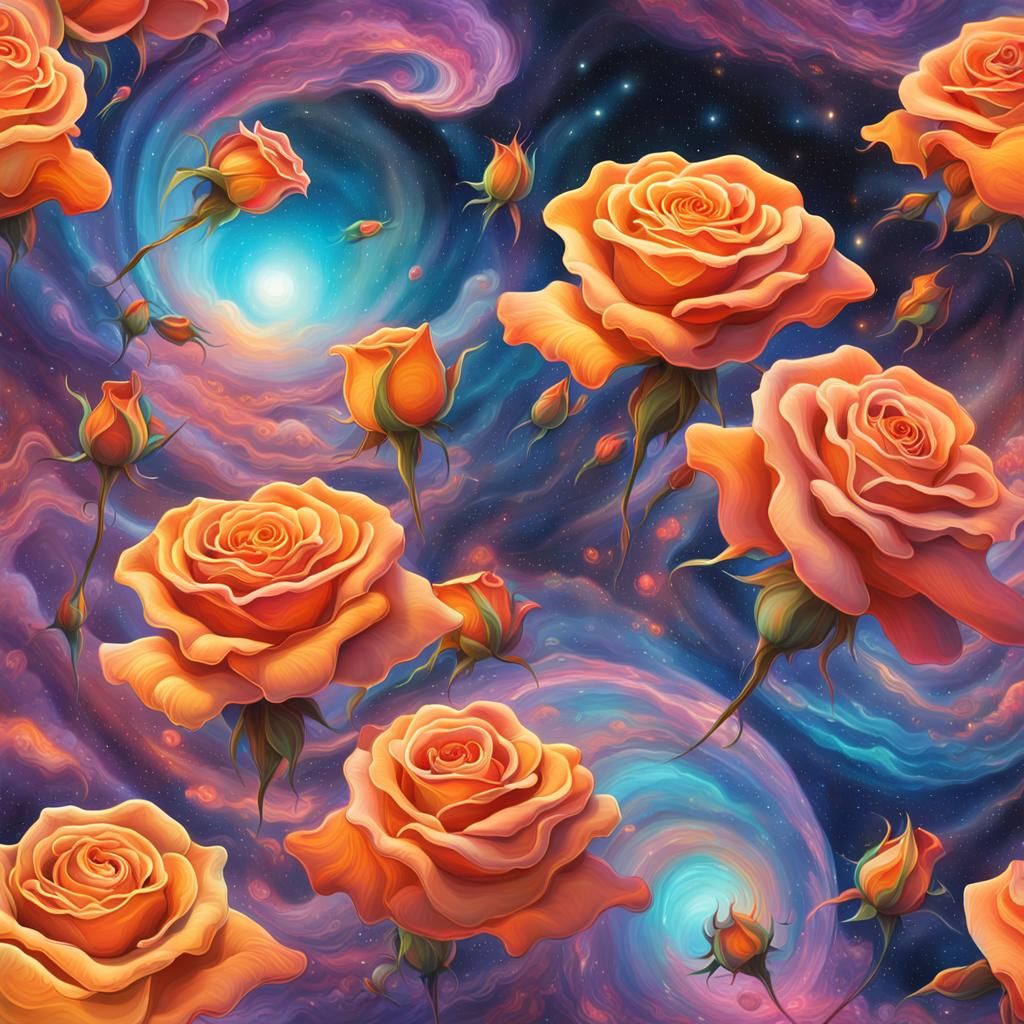 Orange Roses in Cosmic Spiritual Art Style