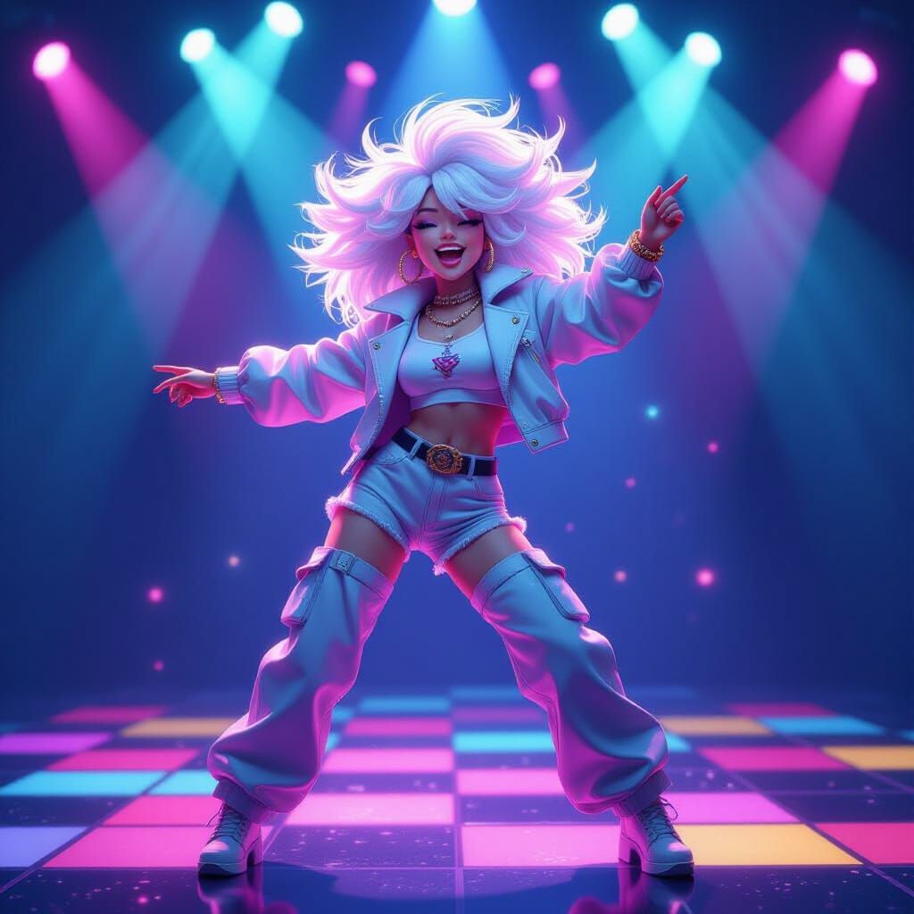 80s Dancer with Big Hair on Neon Disco Floor