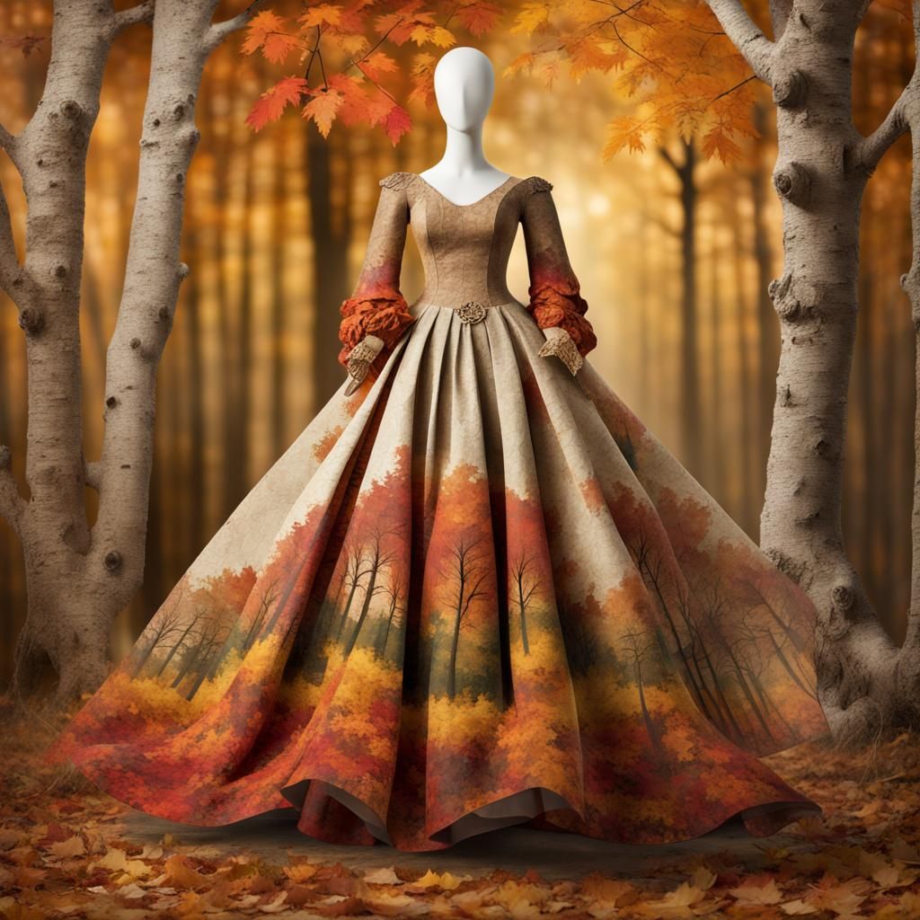 Fine Art Paper Collage :  Rustic Gypsy Textured Seeded Paper Ball Gown : Autumn  Color Palette : Long Flowing Sleeves : ...