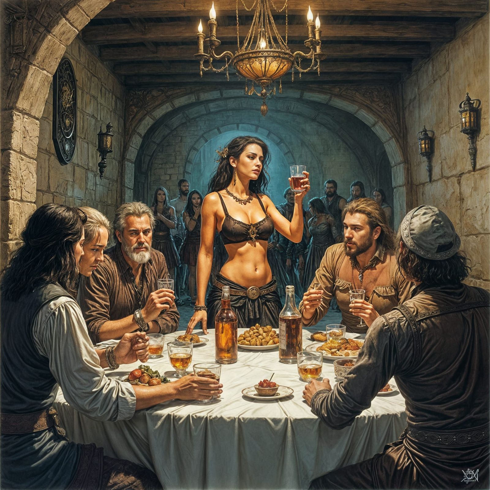 Fantasy Tavern Scene in Luis Royo Comic Style