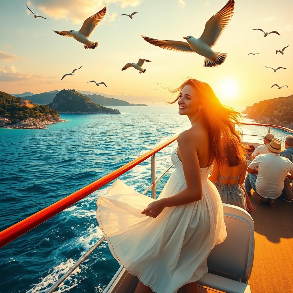 Greek Island Ferry Trip at Dawn in Stencil Art Style