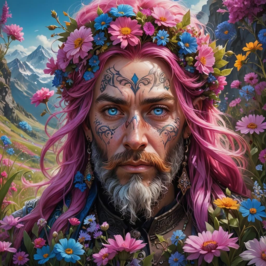 Female dwarf, blue eyes, hot pink hair, bearded with flowers...