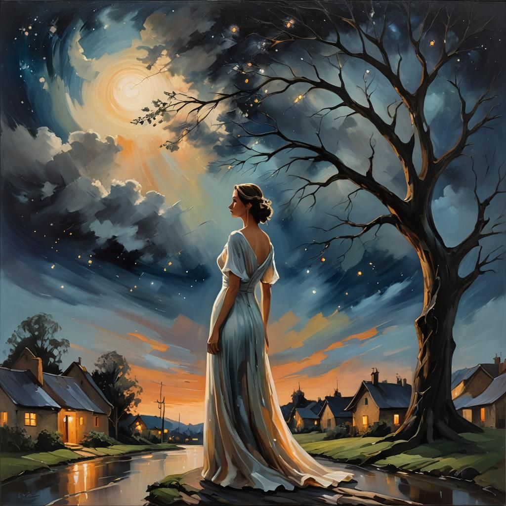 Ethereal Woman in Starry Night, as Impasto Oil Painting