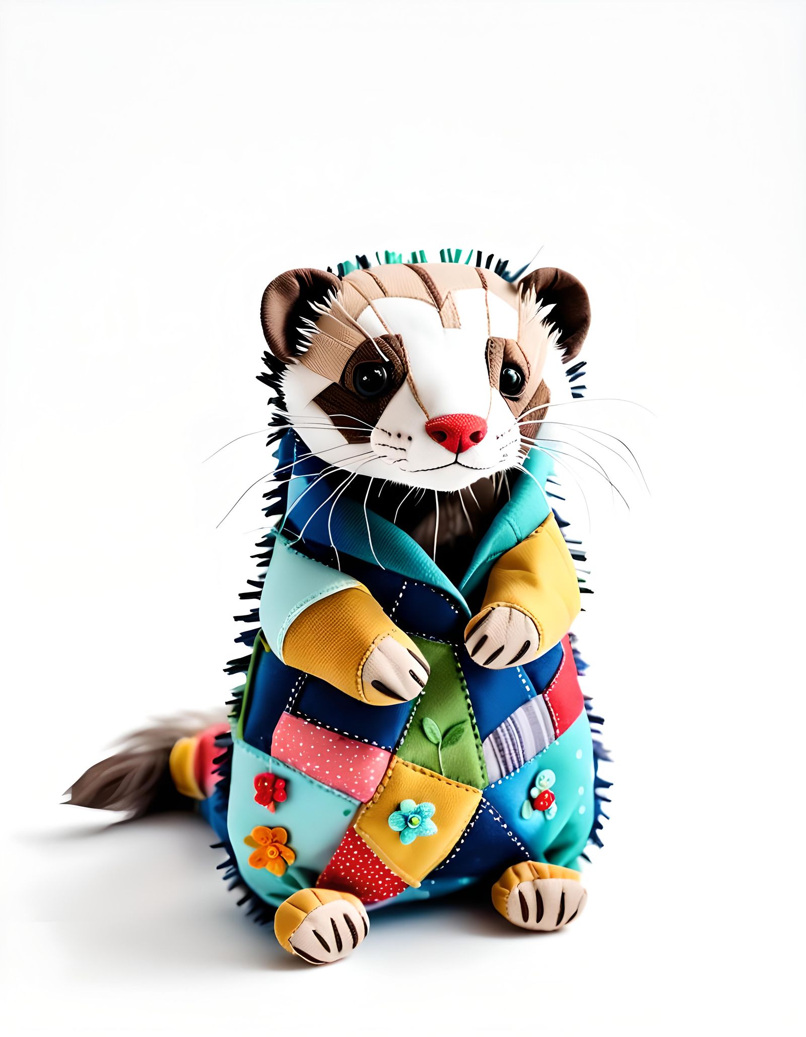 Whimsical Fabric Scrap Ferret on White Background