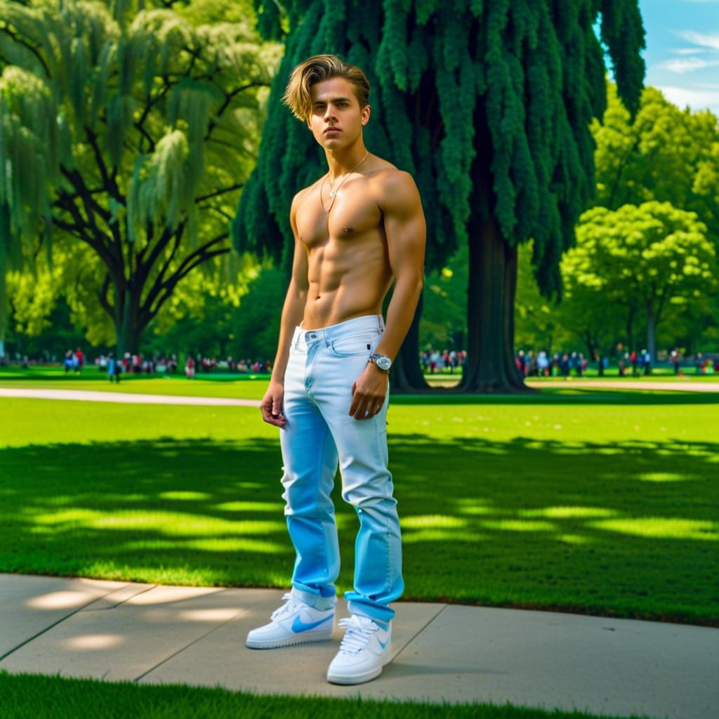 Hyperrealistic Portrait of Shirtless Man in Park