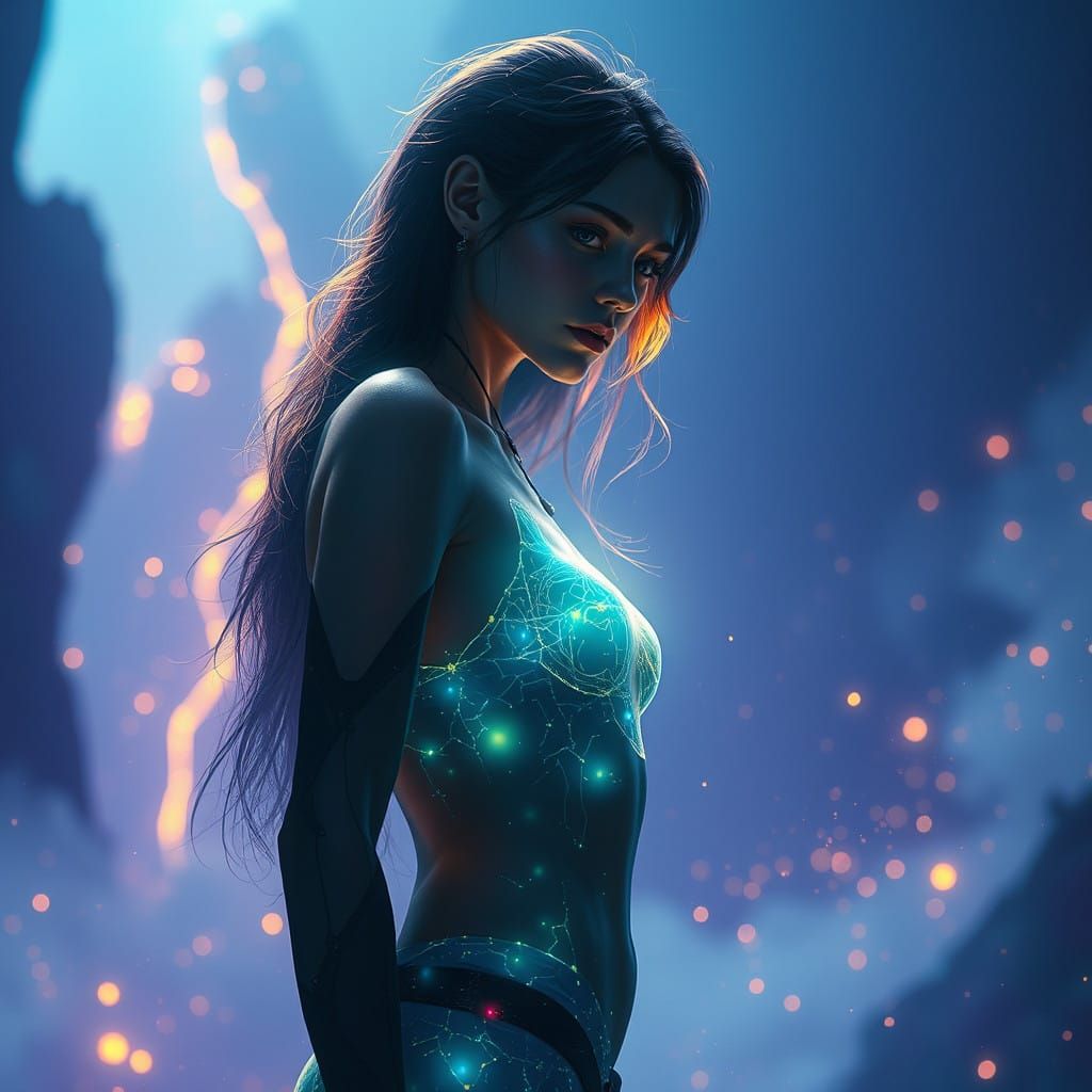 Ethereal Goddess in Luminous Futuristic Landscape