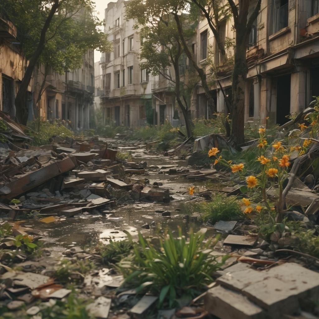 City Ruins Reclaimed by Nature: Cinematic Still