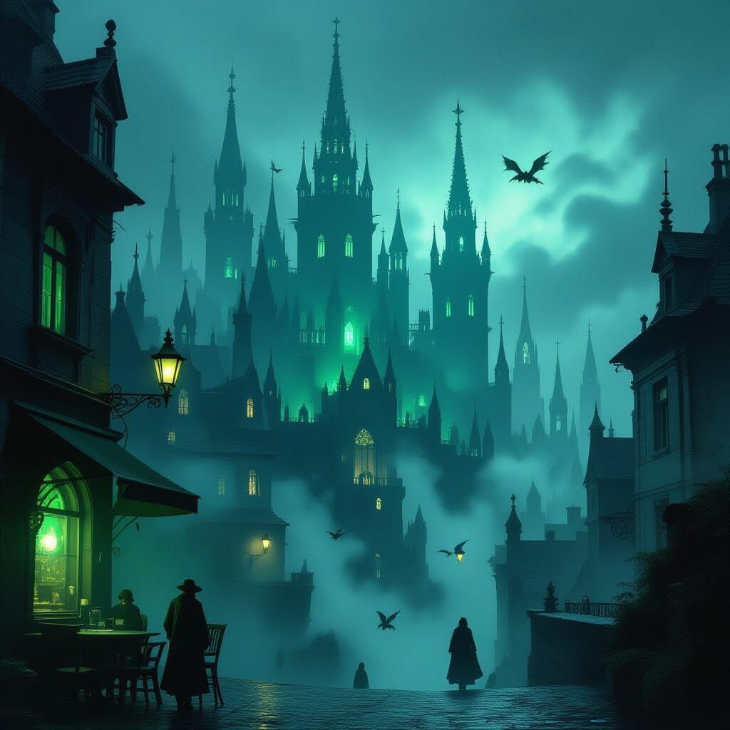 Gothic Cityscape at Twilight in Ethereal Mist
