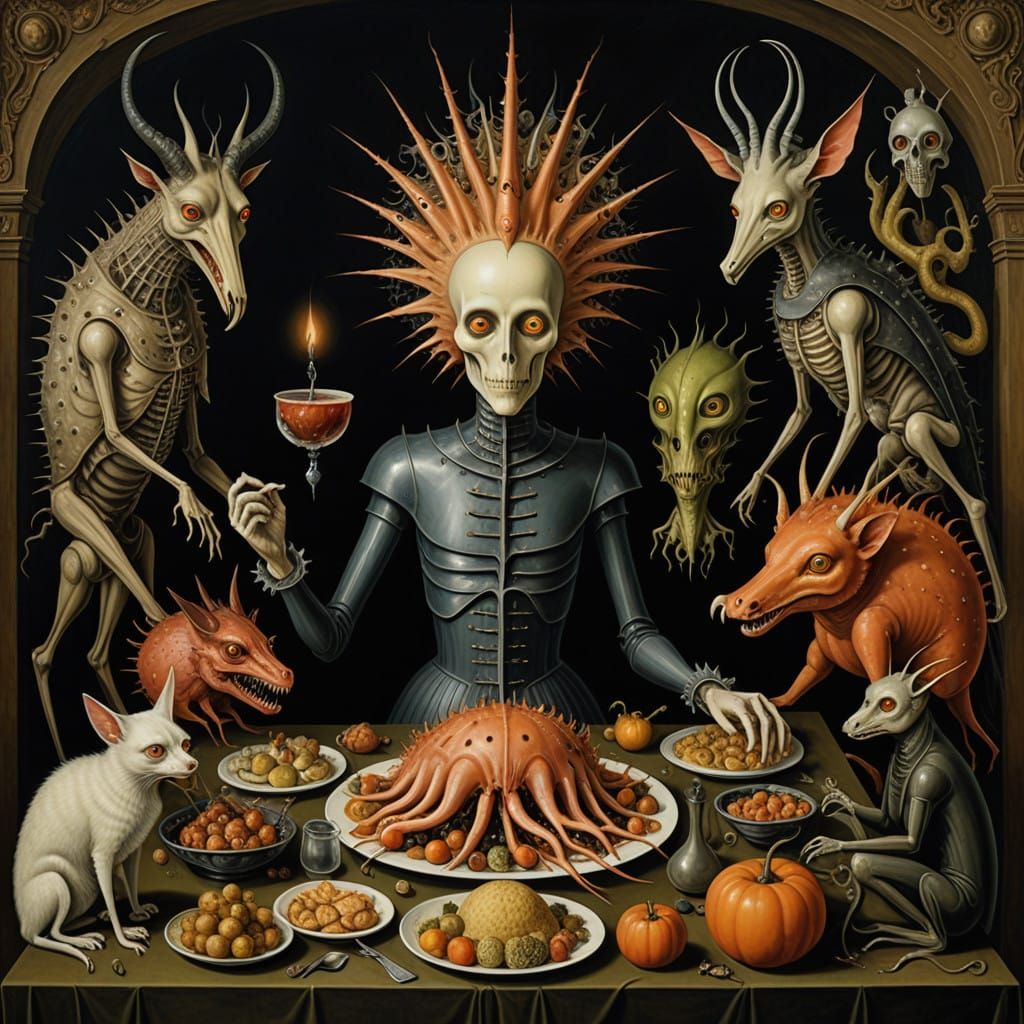 Surreal Vision of Gluttony: A Haunting, Maximalist Scene