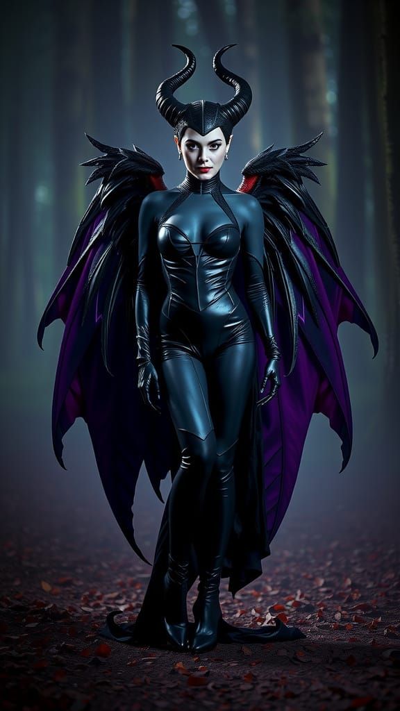 Maleficent with big dark wings, latex wear and stiletto high...