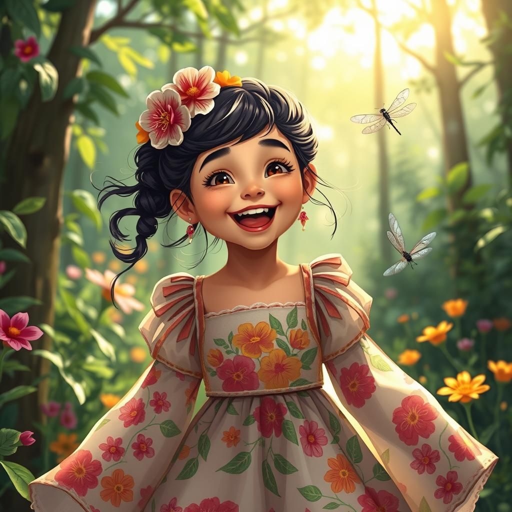 Girl with Dragonflies in Whimsical Garden Style