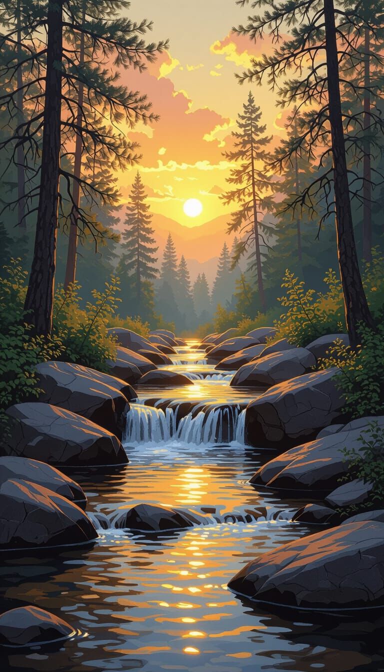 Golden Light on Mountain Stream Landscape