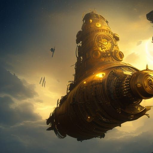 Golden Steampunk Spaceship in Dark Fantasy Style