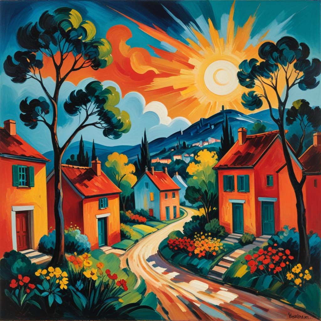 Sunlit Village in Fauvist Style with Fiery Skies