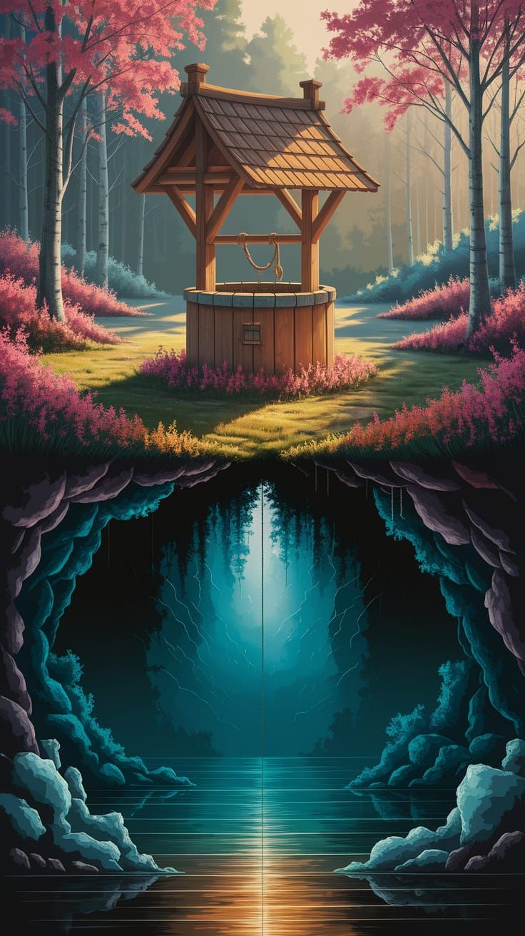 Magical Well in Sunlit Forest Clearing