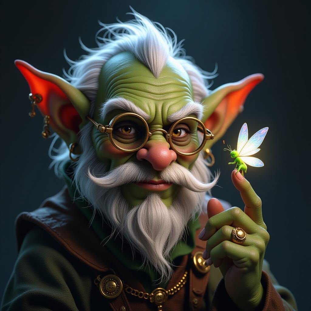 Goblin Scholar Scrutinizing Pixie in Fantasy Art Style