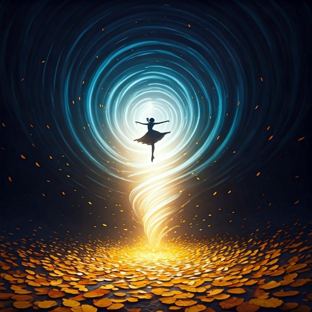 Surreal Whirlwind Rises Amidst Dancing Silhouettes on a Yell...