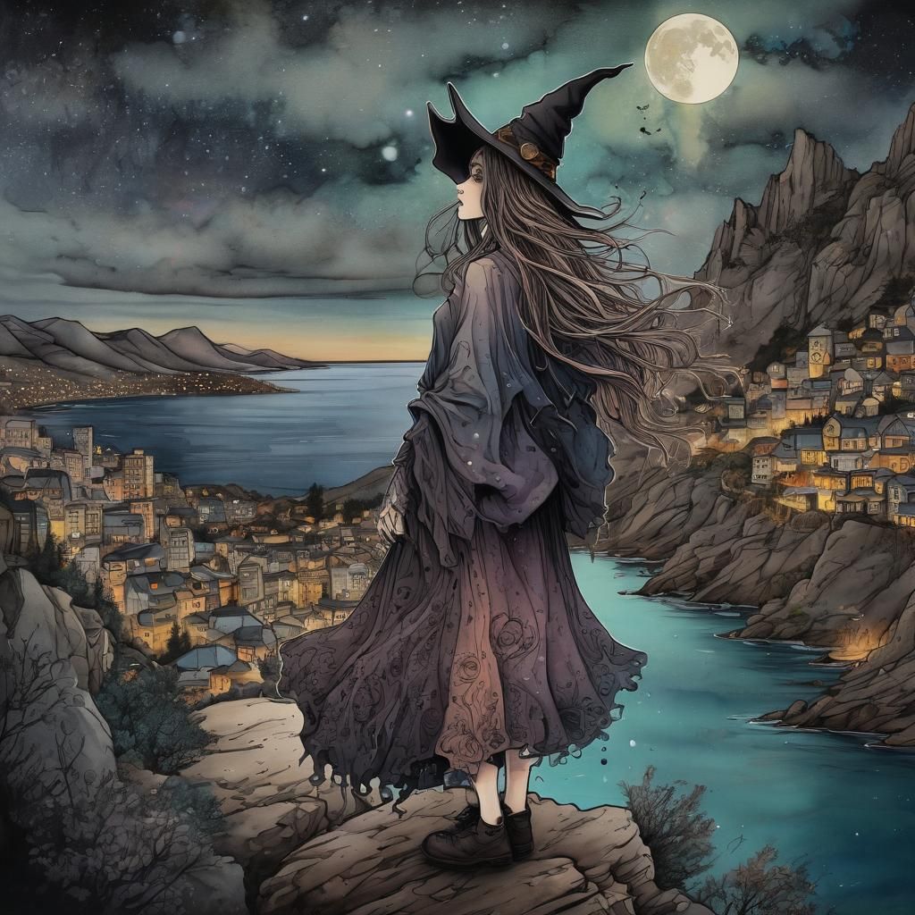 Inkpunk Witch Over City at Night