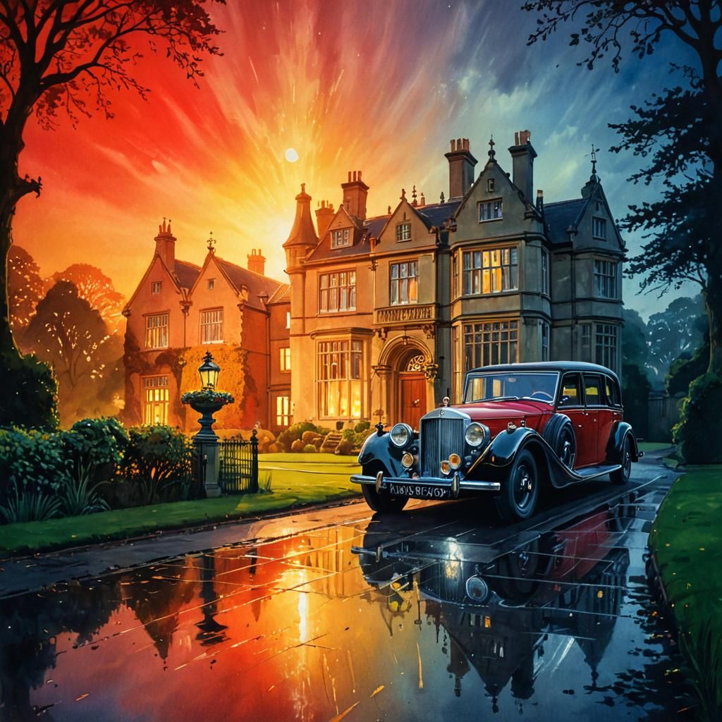 red Lanchester 8hp automobile parked in front of a large Eng...