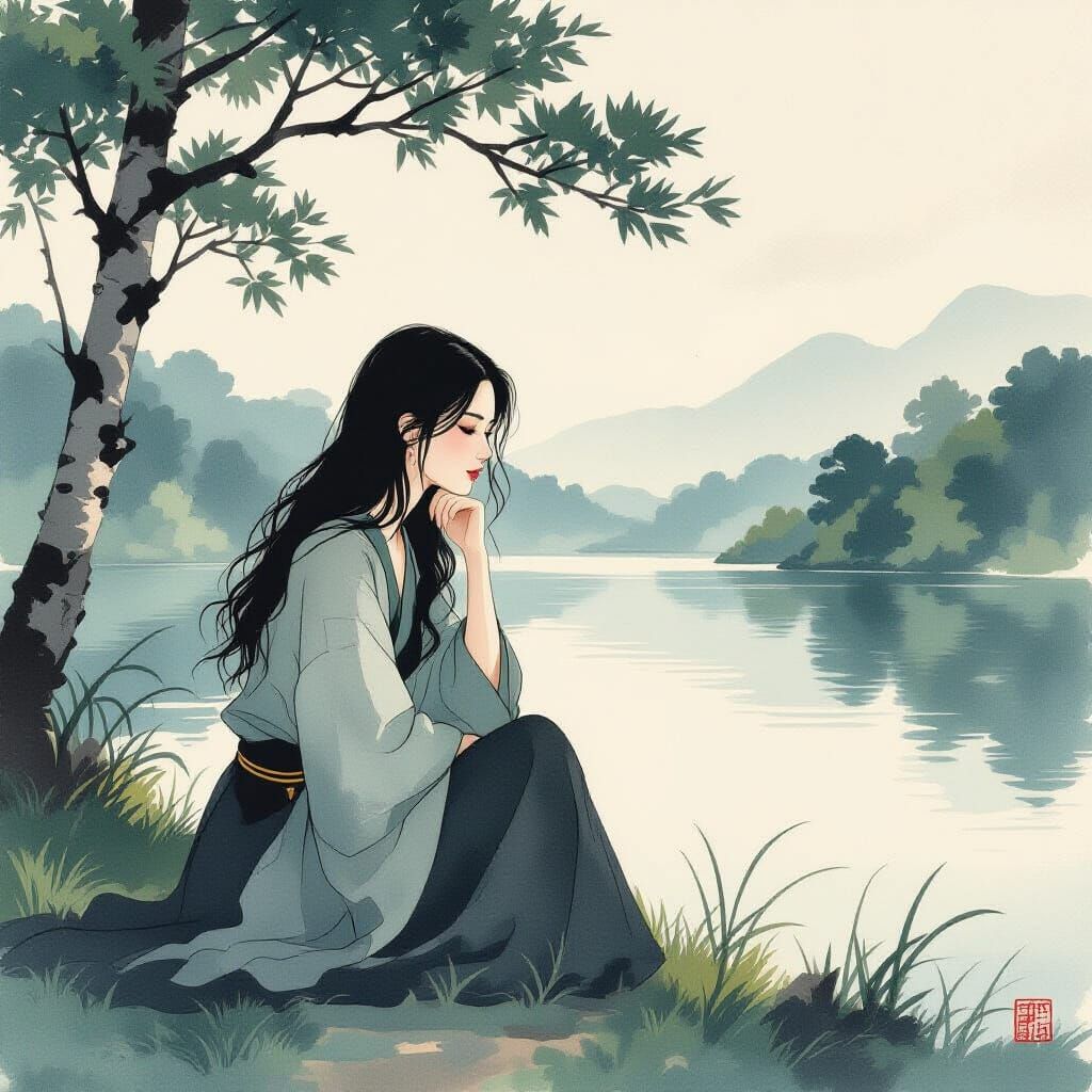 Raven-Haired Woman Contemplating Serene Lake in Japanese Ink...