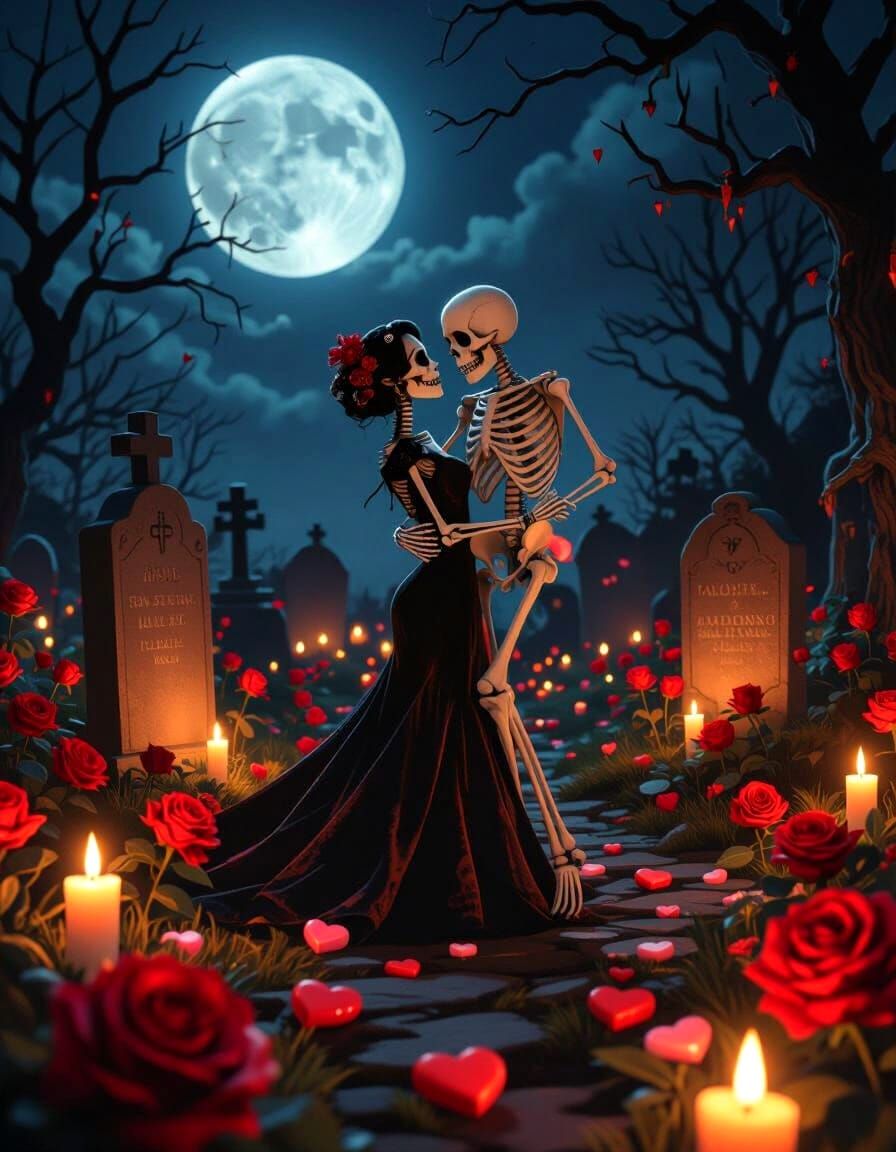 Skeleton Couple Dancing in Gothic Graveyard Valentine