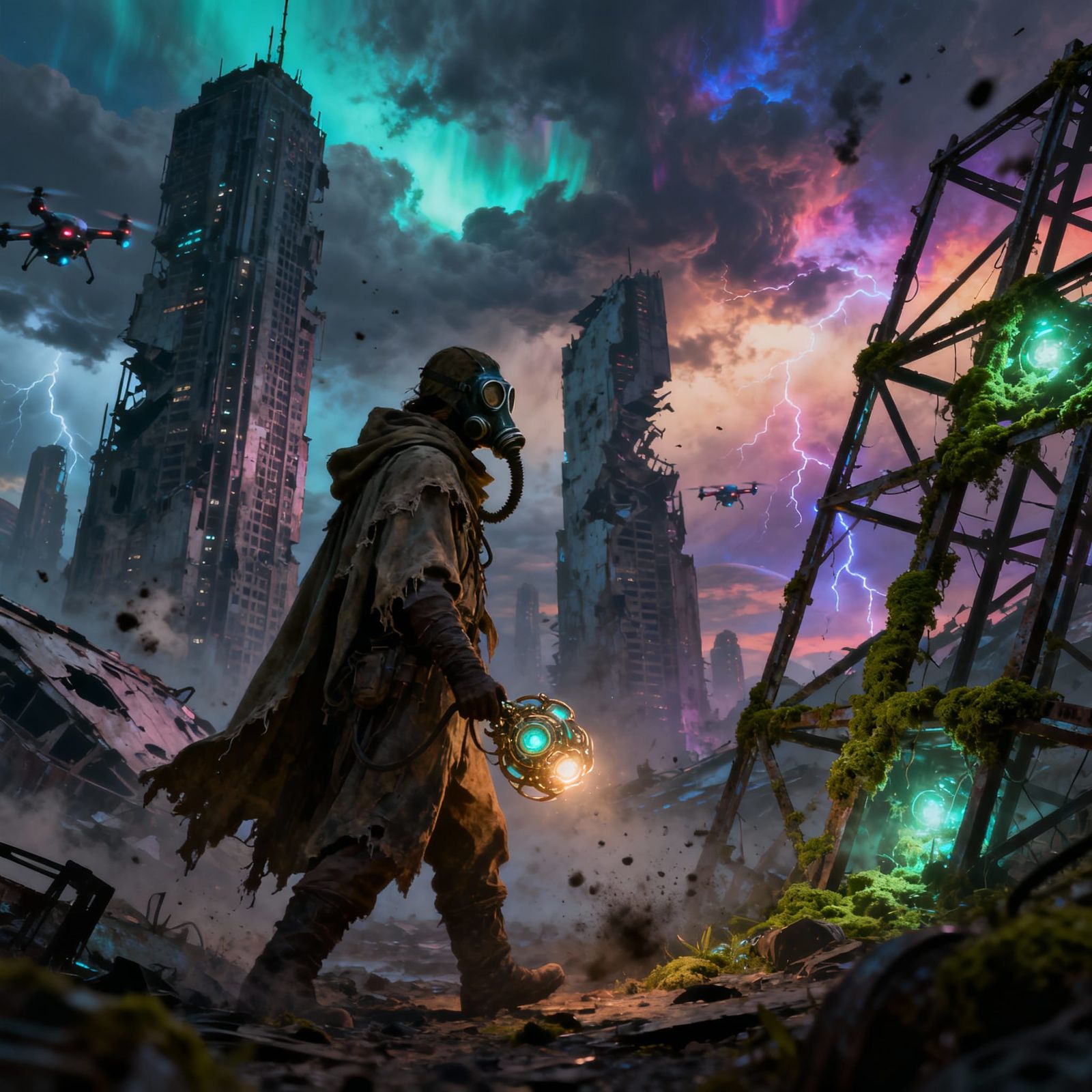Post-Apocalyptic Wanderer Amidst Ruined Skyscrapers and Auro...