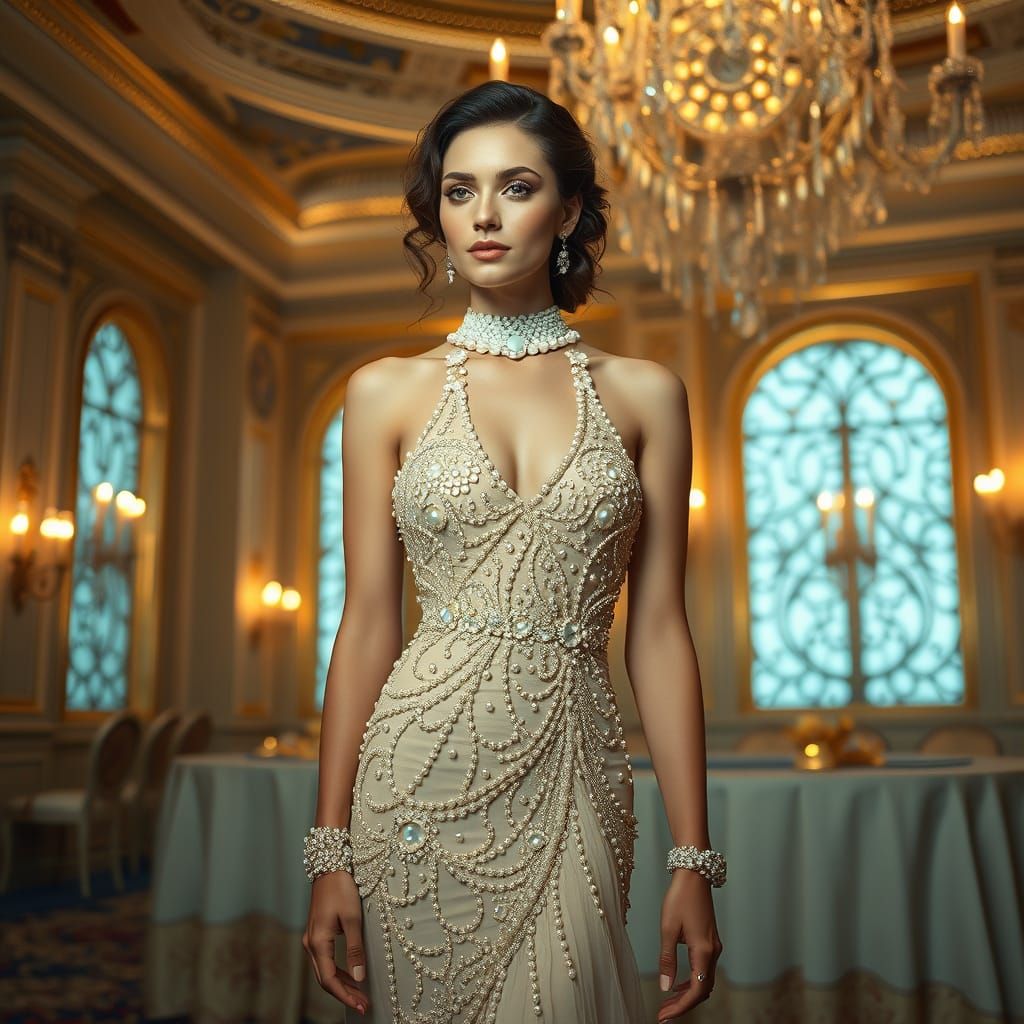 Elegant Woman in Pearl Dress, Art Nouveau Style