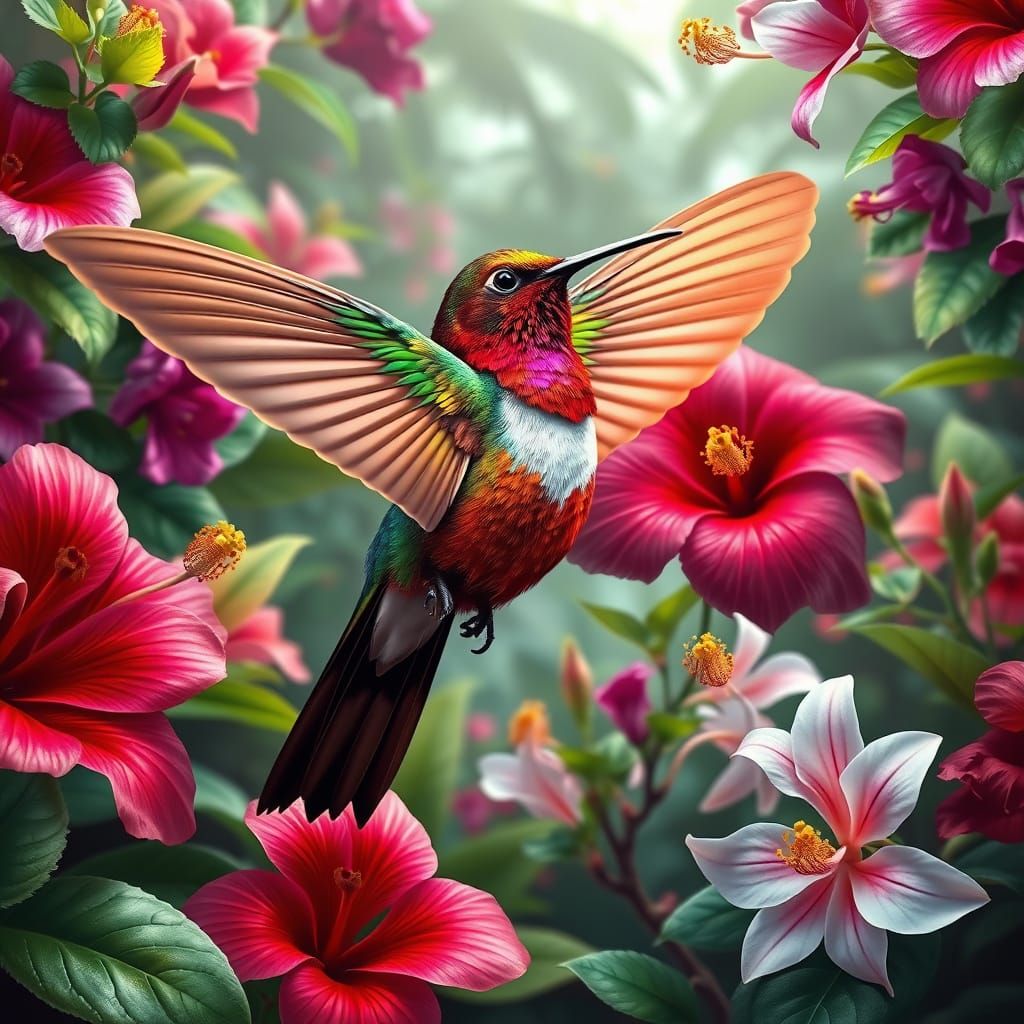 Ruby Hummingbird in Tropical Paradise: Photorealistic Hyperr...