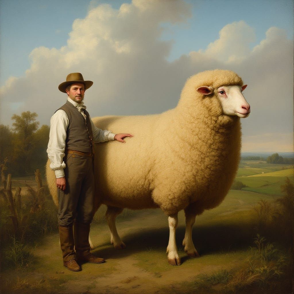 Farmer and Giant Sheep in Romantic 19th Century Landscape
