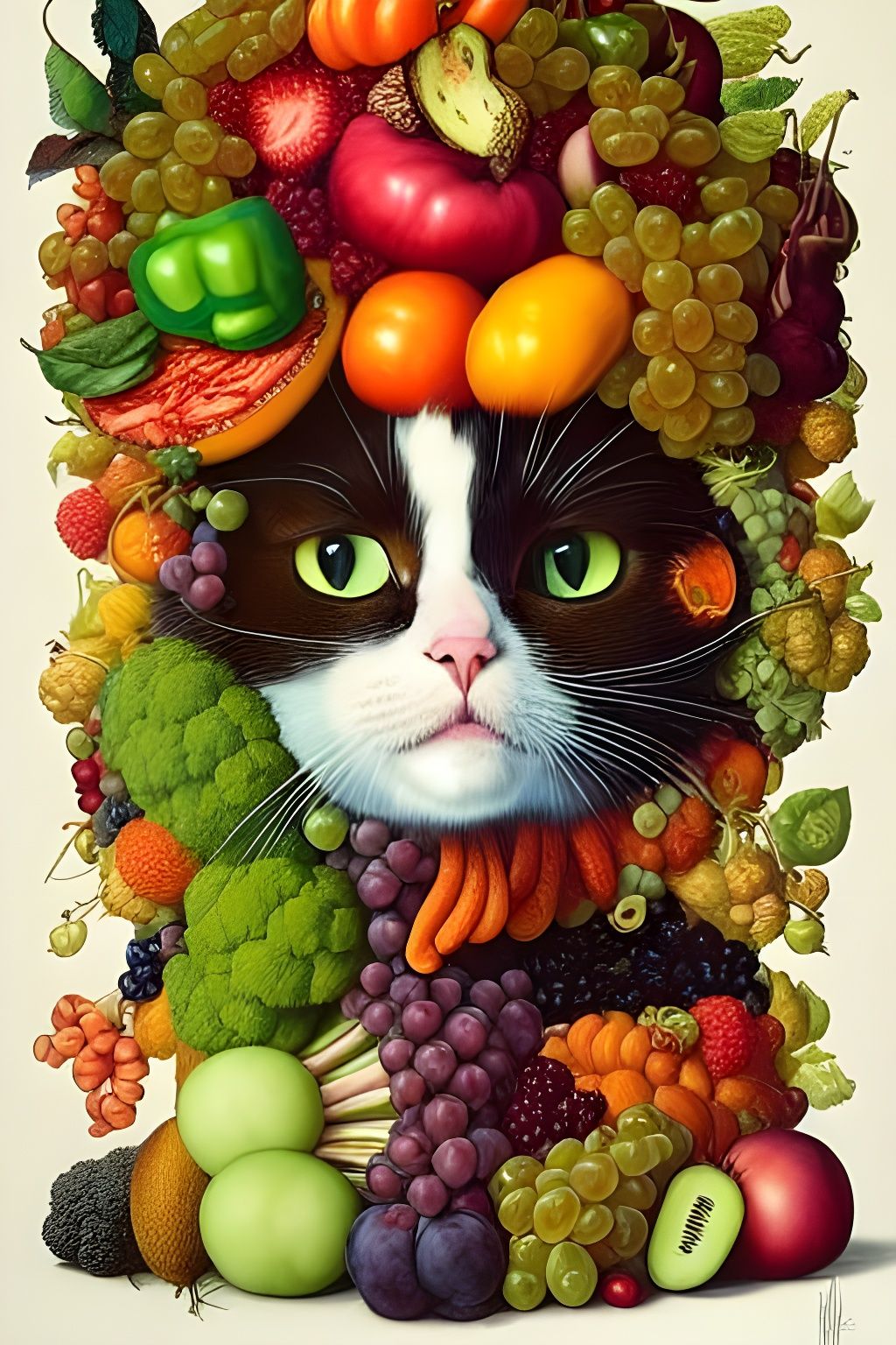 Whimsical Fruit Cat Portrait in Renaissance Style