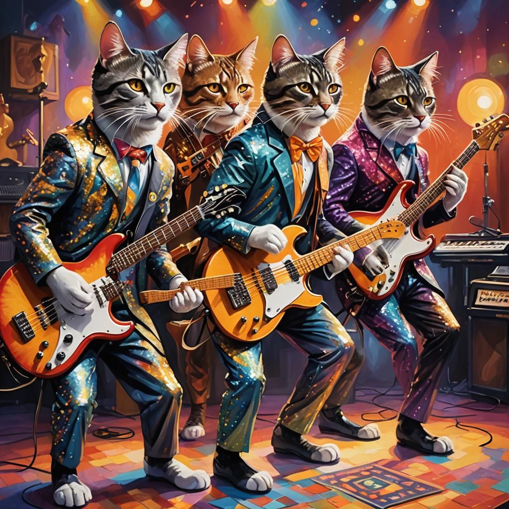 Cats Rocking on Stage: Vivid Oil Painting