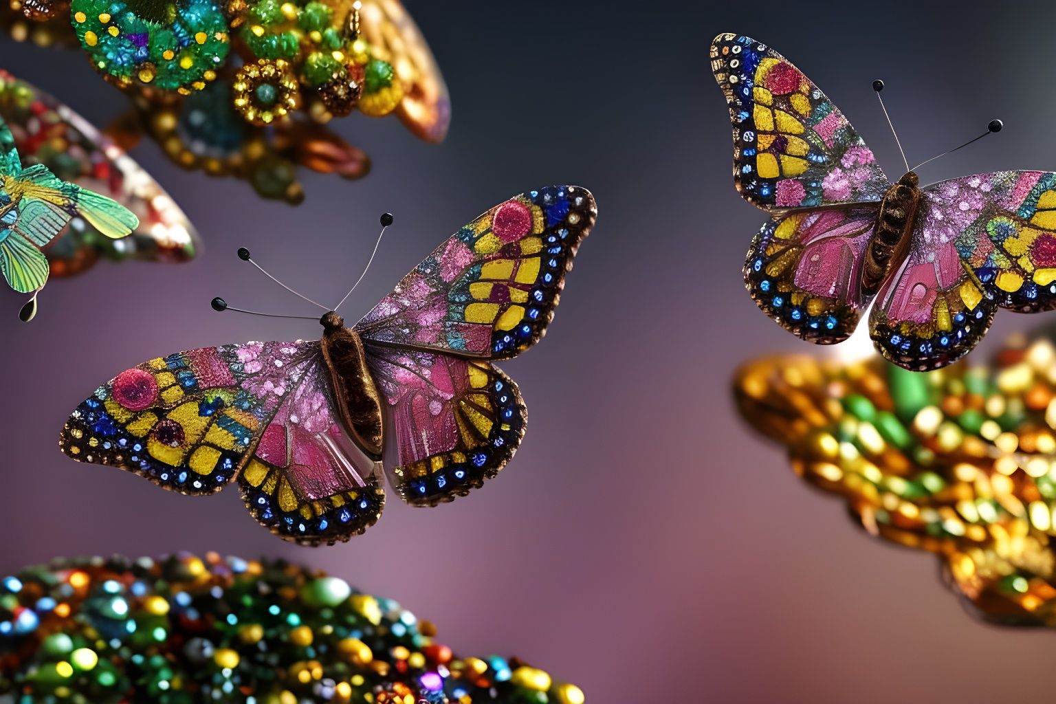 Jewel Encrusted Butterflies in Kinetic Pointillism Style