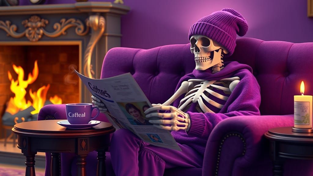 Skeleton Lounging in Purple: Hyperrealistic Concept Art
