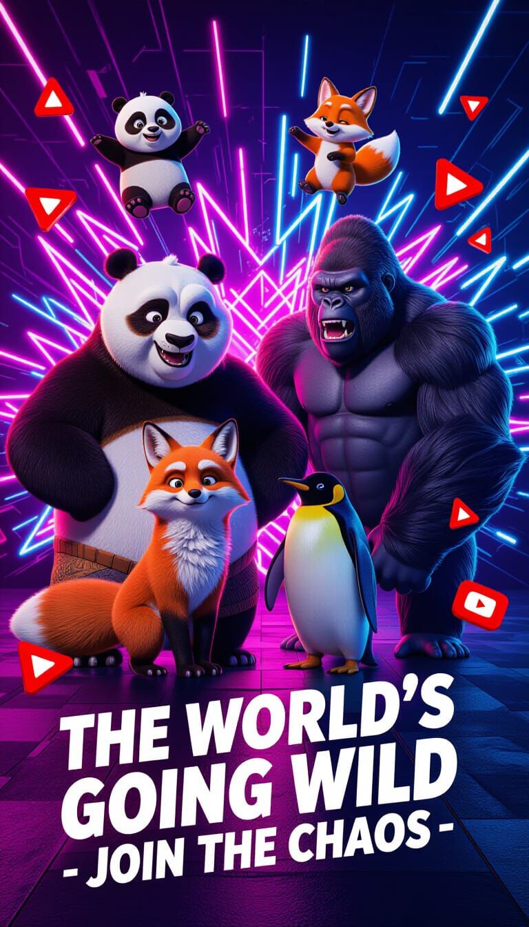 Muscular Panda, Fox, Penguin, Gorilla in Neon City