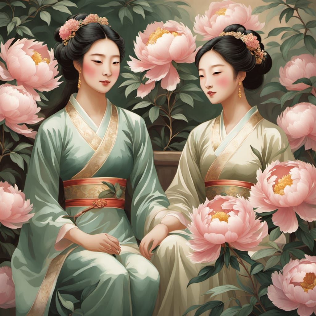 Tang Dynasty Noblewomen in Lush Peony Garden