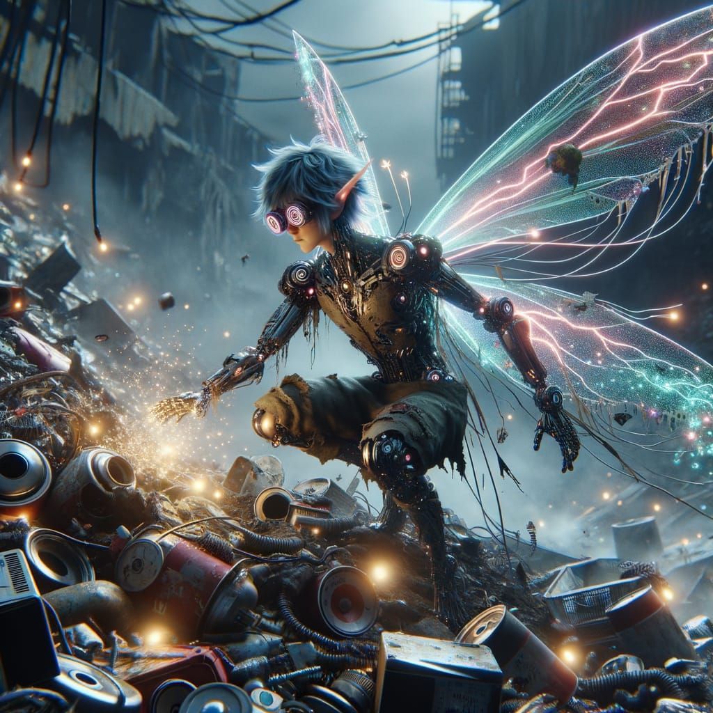 Cyberpunk Fairy in Dystopian Wreckage