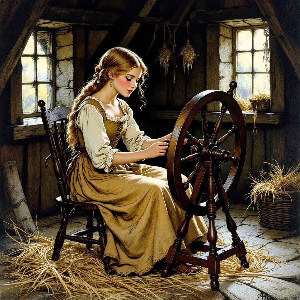 Rumpelstiltskin and the Spinning Wheel, in Rackham Style