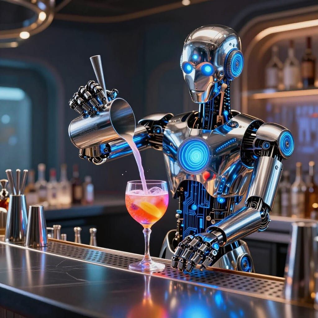 Robot Bartender Crafting Cocktail in Futuristic Bar