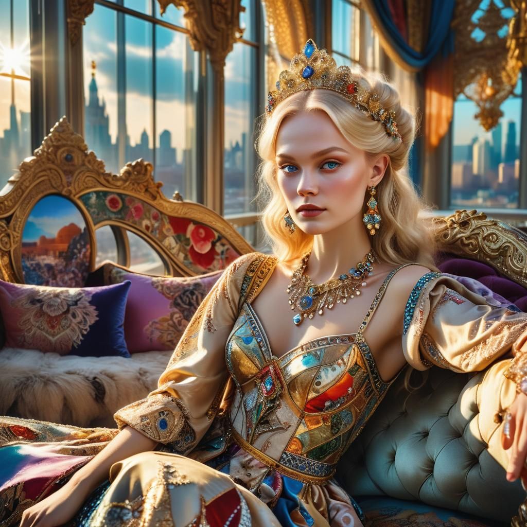 Blonde Queen Portrait in Russian Maximalist Style